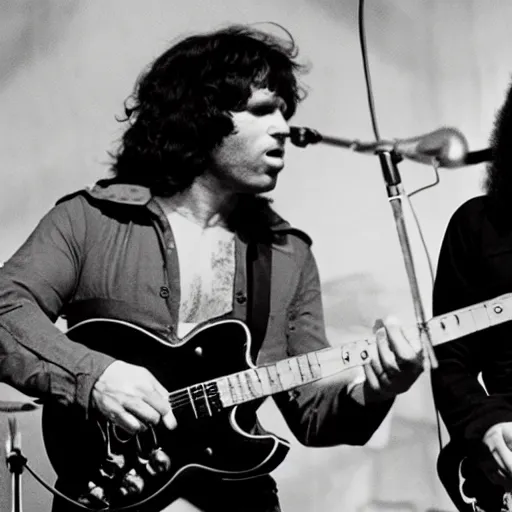 Image similar to Jim Morrison, and Thundercat playing music together on stage