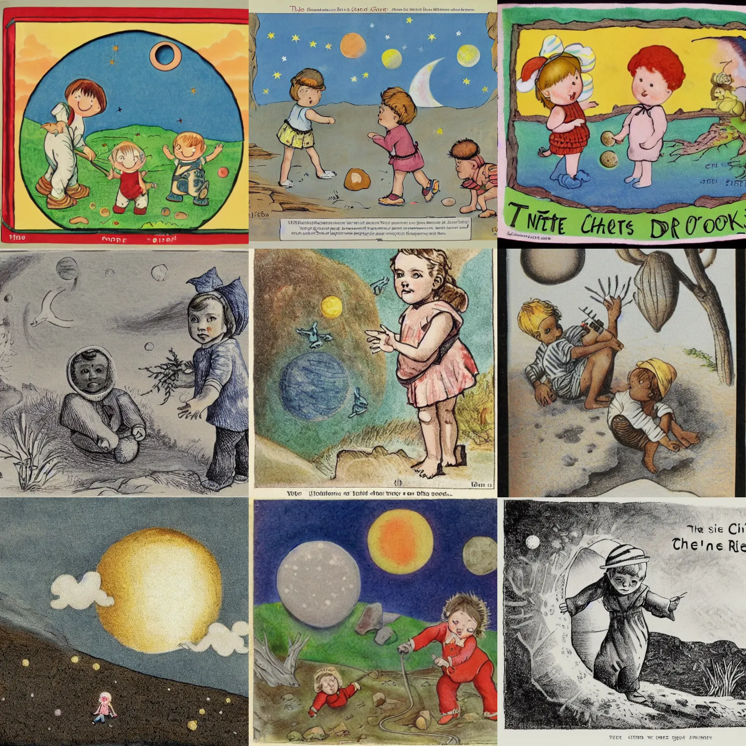 Prompt: the children explored the craters and looked at moons rocks and dust. , infant Childrens Illustration, in the style of Dorothy Brook