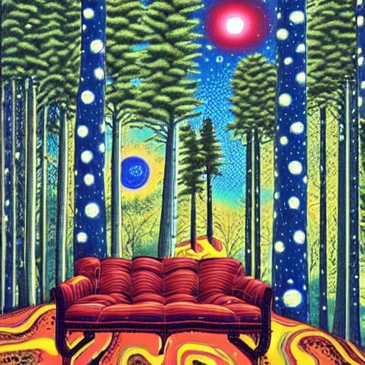 Prompt: psychedelic trippy couch pine forest, moose, planets, milky way, sofa, cartoon by rob gonsalves