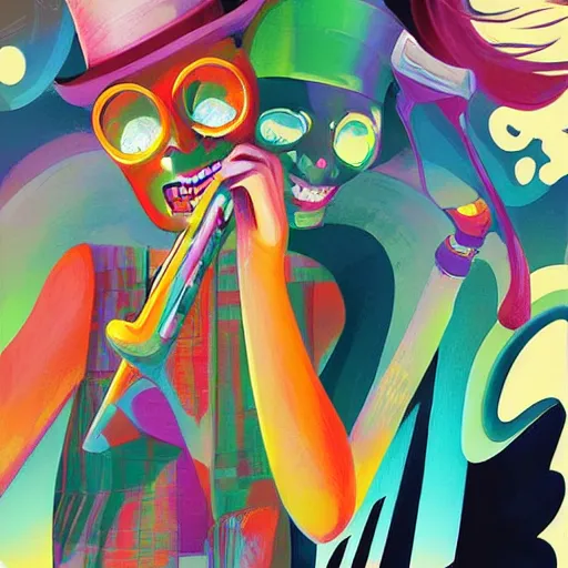 Image similar to colorful illustration of jazz, by zac retz james jean and junji ito