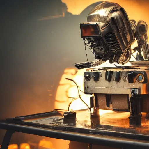 Image similar to head of toaster oven mecha, dark messy smoke - filled cluttered workshop, dark, dramatic lighting, orange tint, cinematic, highly detailed, sci - fi, futuristic, movie still