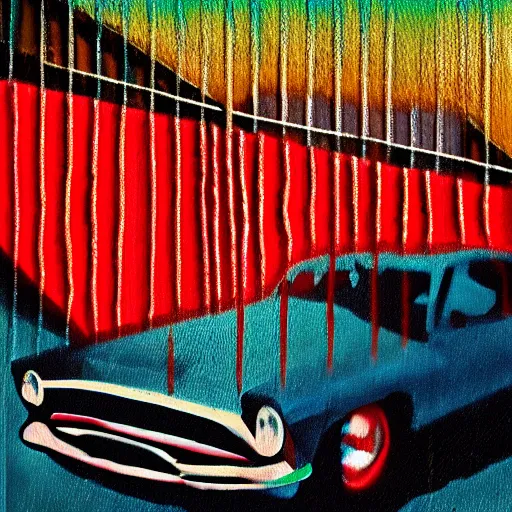 Image similar to used car salesman surreal oil painting, chromatic aberration, horror