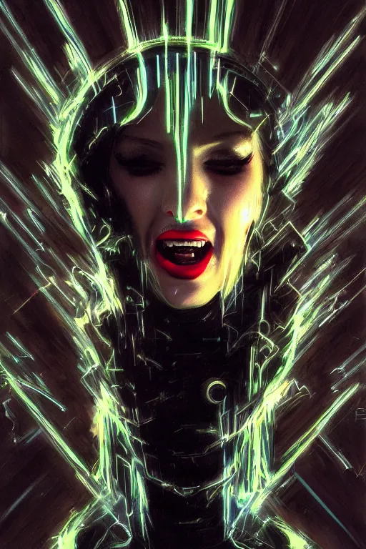 Image similar to portrait, headshot, digital painting, an beautiful techno - witch lady in circuit electronic mask, screaming in rage, pearlescent, synthwave, glitch, fracture,, realistic, hyperdetailed, chiaroscuro, concept art, art by john berkey