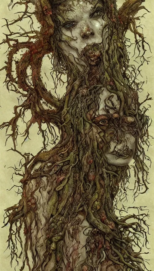 Image similar to rotten tree spirit dryad with a beautiful face and flaming mouth and eyes + mushrooms + fungi + lichen + sketch lines + graphite texture + old parchment + guillermo del toro concept art + justin gerard monsters, intricate ink illustration