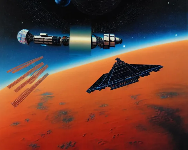 Prompt: a Space Station orbiting a red planet, sci-fi, space station, retrofuturism, vintage, art by Vincent Di Fate, Vincent Di Fate, 8K