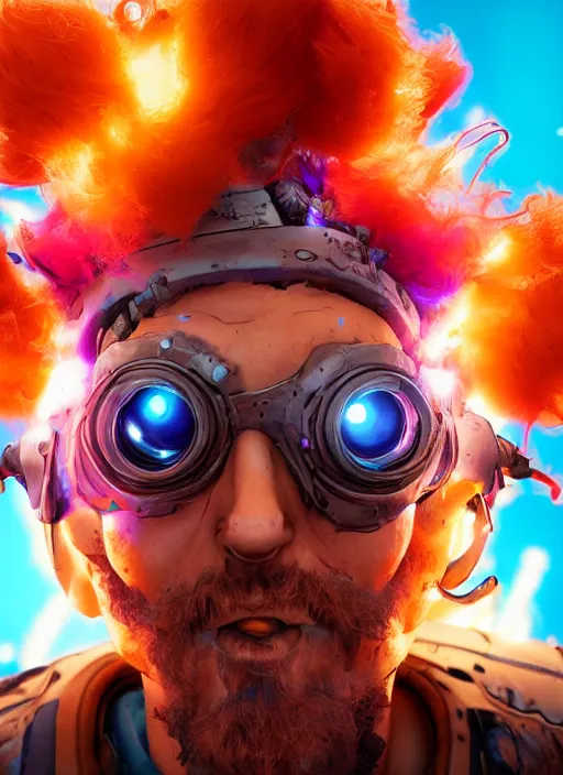 Image similar to glowwave portrait of curly orange haired mad scientist man from borderlands 3, au naturel, hyper detailed, digital art, trending in artstation, cinematic lighting, studio quality, smooth render, unreal engine 5 rendered, octane rendered, art style by pixar dreamworks warner bros disney riot games and overwatch.