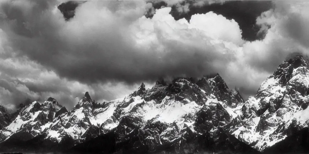 Image similar to tall mountains covered in snow with huge clouds, photo by Ansel Adams,