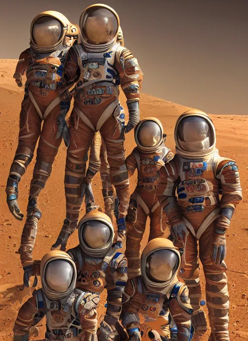 Prompt: group closeup portrait of medieval goblins wearing spacesuits on mars, depth of field, zeiss lens, detailed, symmetrical, centered, fashion photoshoot, by annie leibovitz and steve mccurry, david lazar, jimmy nelsson, breathtaking, 8 k resolution, extremely detailed, beautiful, establishing shot, artistic, hyperrealistic, beautiful face, octane render