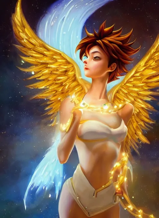 Image similar to full body oil painting of tracer overwatch in the style of delphin enjolras, angel wings, angelic golden armor, dramatic painting, symmetrical composition, ornate, golden chains, high detail, gold detailed collar!!!!!, blooming, angelic, lights, flowers, heavenly, bright, detailed face,