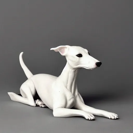 Image similar to porcelain whippet sculpture, pastel colors, depth of field, 8 k, hyper detailed, intricate