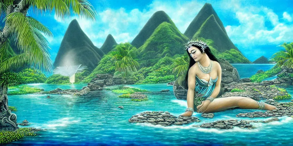 Image similar to polynesian peace goddess, crystal clear lemuria sunken architectural marvels, crisp realistic fantasy art painting