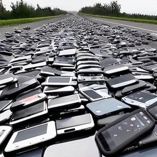 Image similar to pile of smartphones on highway, totalled vehicles from copart, photo