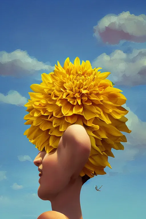 Prompt: closeup girl with huge yellow dahlia flower as a head, on beach, surreal photography, blue sky, sunrise, dramatic light, impressionist painting, digital painting, artstation, simon stalenhag