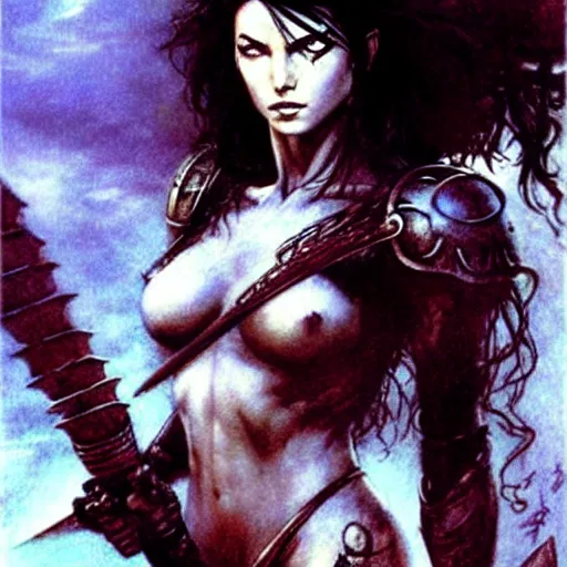 Image similar to female warrior, curly black hair, sword, cinematic, by luis royo, by frank frazetta