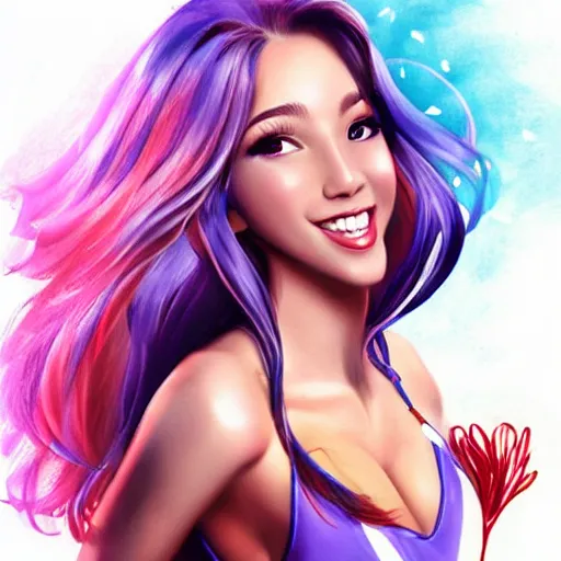 Image similar to very beautiful female cheerleader, smiling, flirty, eye contact, perfect face, perfect body, drawn by artgerm