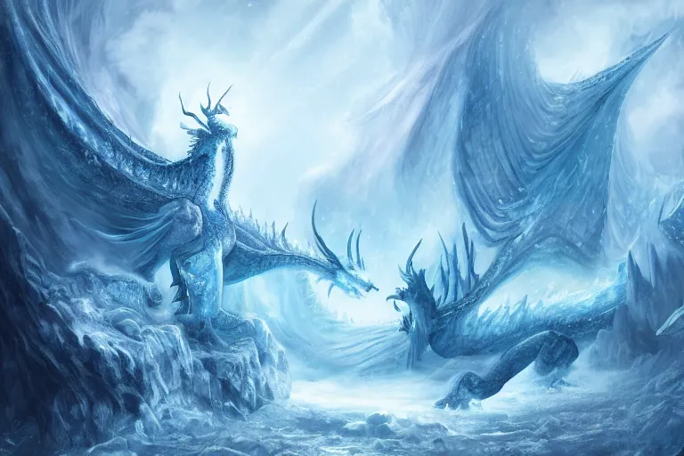 Prompt: frozen dragon in a giant throne of ice, mystical, digital painting, mixed media, trending on artstation and deviantart, epic composition, highly detailed, 8 k