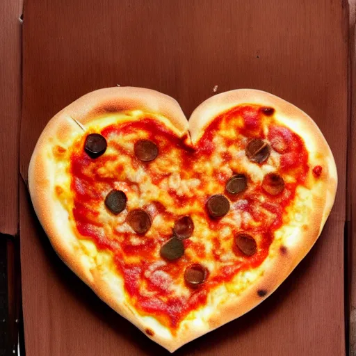 Prompt: heart shaped pizza with alot of cheese, on a wooden plate