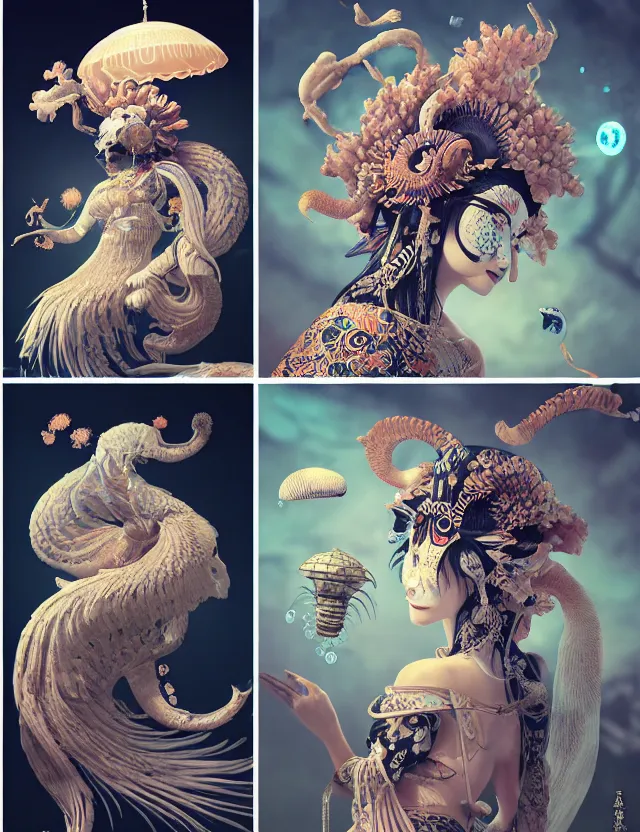 Image similar to 3 d goddess bottom - up with ram skull. beautiful intricately detailed japanese crow kitsune mask and clasical japanese kimono. betta fish, jellyfish phoenix, bio luminescent, plasma, ice, water, wind, creature, artwork by tooth wu and wlop and beeple and greg rutkowski