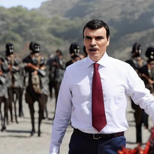 Image similar to spanish president pedro sanchez leading an army of the undead in a post - apocalyptic world