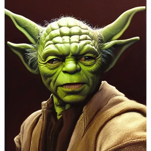 Image similar to ultra realistic portrait painting of tommy lee jones as yoda, art by frank frazetta, 4 k, ultra realistic, highly detailed, epic lighting