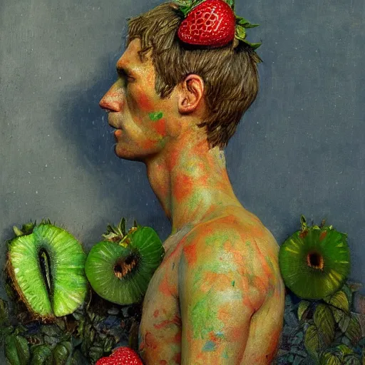 Prompt: a sculpture portrait made of kiwi and strawberries and mud and plants, painting part by wojciech siudmak, part by ilya repin, part by max ernst, part by norman rockwell, artstation