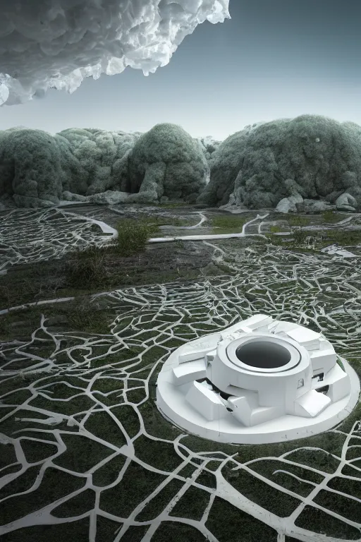 Image similar to bioremediation white architecture, in chuquicamata, epic, cinematic, hyperealistic, high detailed, corona render, hdr, ray tracing