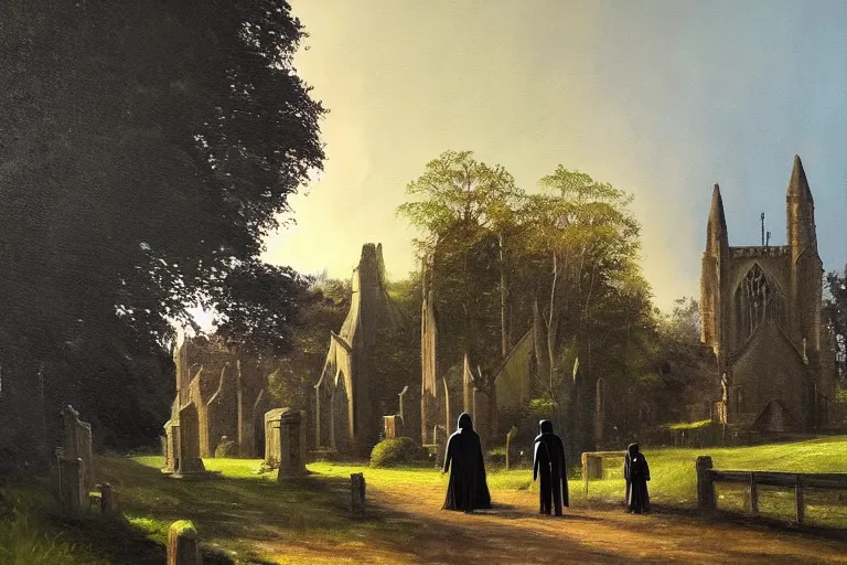 Image similar to a detailed oil painting of darth vader leaving a quaint norman flint church, english, churchyard, trees, golden hour, isometric