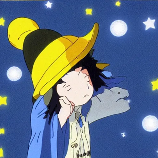 Image similar to a wizard wearing a blue wizard hat with yellow stars on it, from my neighbor totoro ( 1 9 9 3 ) by studio ghibli