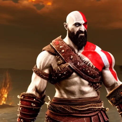 Image similar to Kratos from god of war standing in front of a mcdonalds