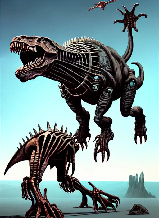 Image similar to transformer trex mech dinosaur, by roberto aizenberg, zdzisław beksinski, brian despain, peter gric, boris artzybasheff and hr giger, hyper detailed, screen print, character concept art, hyperrealism, coherent, cgsociety, zbrush central, behance hd, hypermaximalist