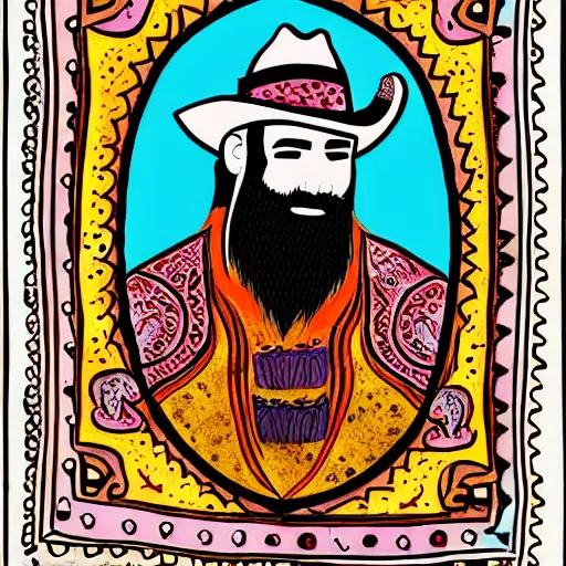 Prompt: bearded cowboy, portrait, highly colorful illuminated borders, persian folkore artstyle