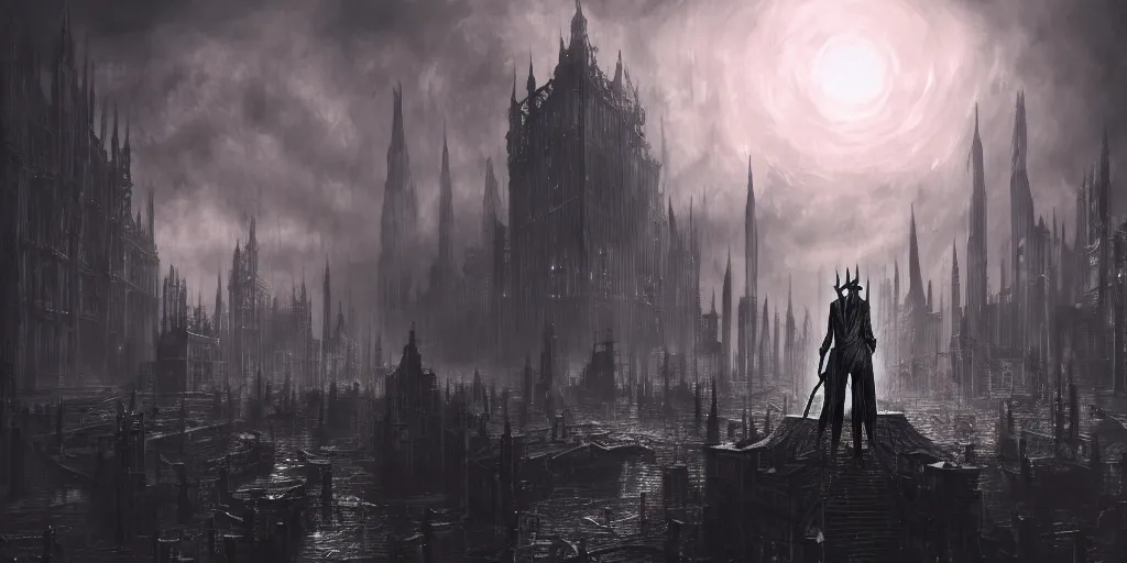 Prompt: a huge megacity in the style of bloodborne, dark souls, demon souls, gothic art, dark fantasy, concept art, digital painting, volumetric lighting, trending on art station, night time, moon light, god rays, highly detailed