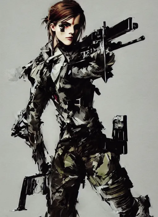 Image similar to fashion model emma watson wearing metal gear armor holding rifle dramatic lighting art by Yoji Shinkawa by Richard Schmid by Sandra Chevrier cinematic dramatic