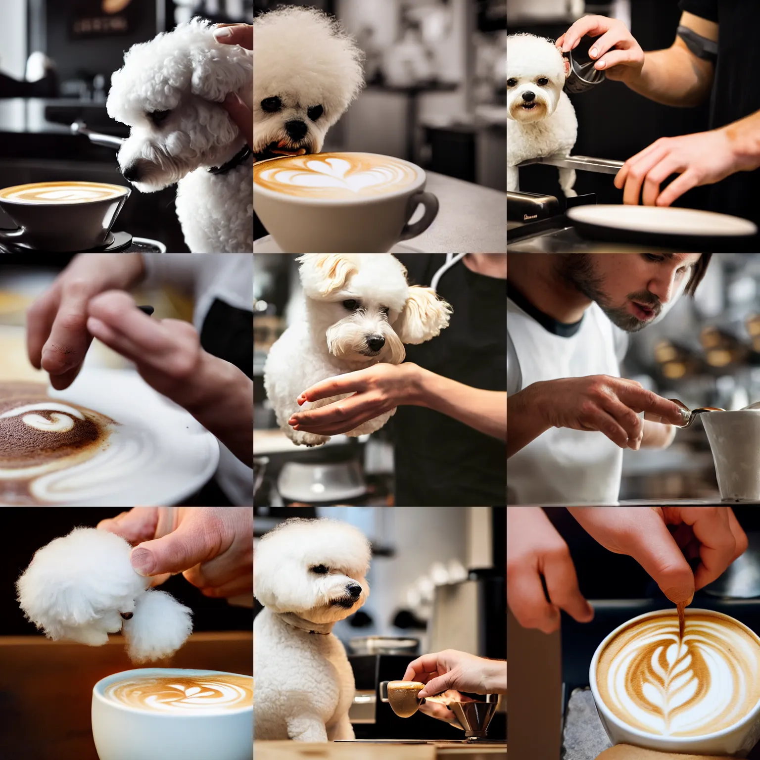 Prompt: a closeup photorealistic photograph of barista creating latte art of bichon frise. professional capture, well lit shot. this 4 k hd image is trending on artstation, featured on behance, well - rendered, extra crisp, features intricate detail, epic composition and the style of unreal engine.