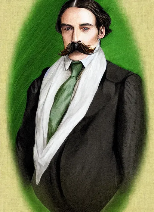 Prompt: an old french baron, long hair, wear an elegant mustach, white scarf, green shirt, by artgem, digital art, highly detailled