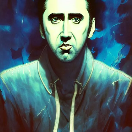 Image similar to prompt : blue nicolas cage illustration portrait soft light painted by james jean and katsuhiro otomo and erik jones, inspired by evangeleon anime, smooth face feature, intricate oil painting, high detail illustration, sharp high detail, manga and anime 1 9 9 9