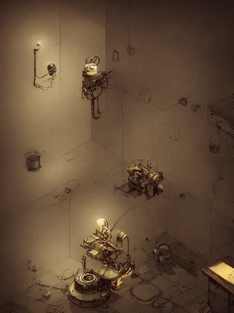 Image similar to insight in an empty room with a singular old mechanical empatic robot sitting lonely and sad in the corner, wide angle photography, cinematic, dim light, small spot light on robot, small depth of field, fresh colors, Esao Andrews, sharp focus, fresh colors, deviantart, conceptart