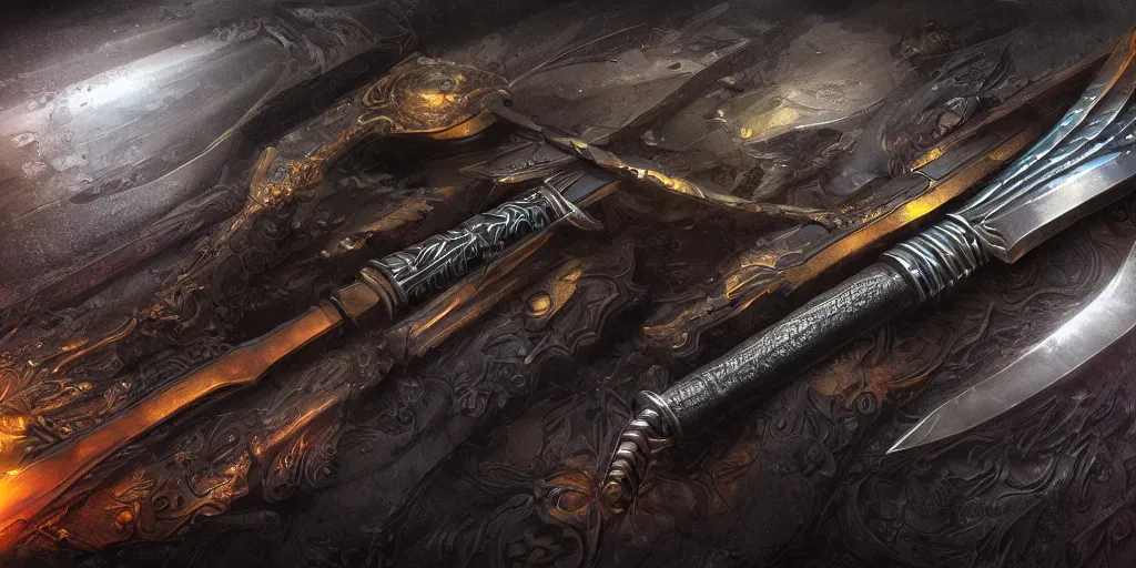 Image similar to legendary cybernetic sword lying flat on a glowing table with a long sharp black and iridescent sword blade, digital award winning hd matte painting, intimate dark moody, intricate, ornate spikes, colorful hilt, detailed realistic, raytraced blade, colored gems, future golden technological pommel, in the style of greg rutkowski and krenz cushart, deviantart