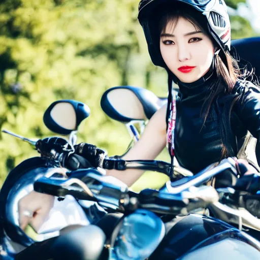 Prompt: Kpop girl riding a motorcycle, 4k photography