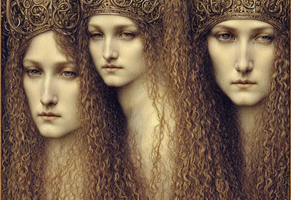 Image similar to detailed realistic beautiful young medieval queen face portrait by jean delville, gustave dore and marco mazzoni, art nouveau, symbolist, visionary, gothic, pre - raphaelite. horizontal symmetry