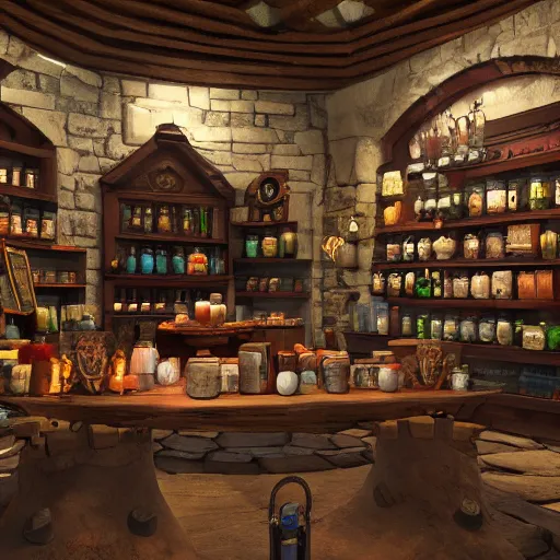 Image similar to a dungeons and dragons potion shop, 4k, trending on artstation, unreal engine, cinematic