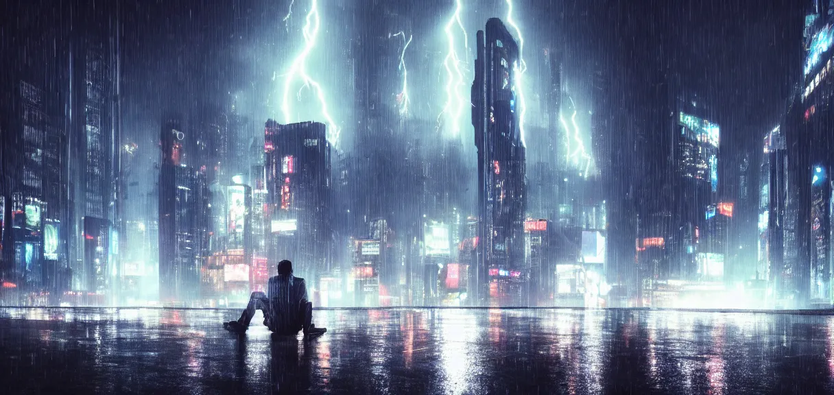 Image similar to shot of the roof with single man sitting on the edge during rain, below impressive cyberpunk night city during great rainy storm with lightning, nightscape, futuristic architecture, realistic photo, neons, blade runner, akira style, cinematic lighting, cinematic angles