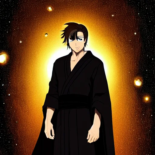 Image similar to a man with with brown hair, wearing a black robe with the tips made of gold, setting in space with a galaxy in the backround, anime, trending on artstation, high quality