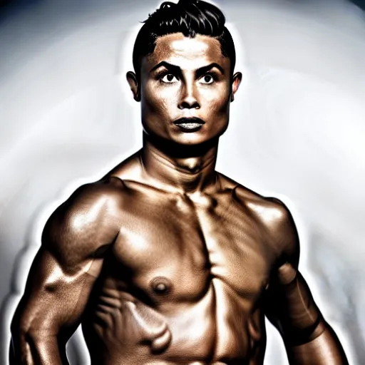 Image similar to uhd candid photo of cosmic og ronaldo phenomenal, glowing, global illumination, studio lighting, radiant light, hyperdetailed, correct face, elaborate intricate details. photo by annie leibowitz