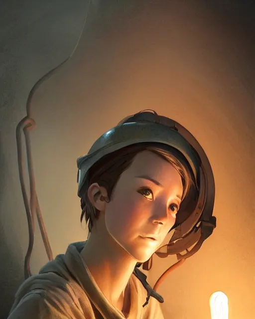 Prompt: a beautiful coalminer woman in a mine lit by a lamp, ambient cave lighting, detailed face, by makoto shinkai, stanley artgerm lau, wlop, rossdraws