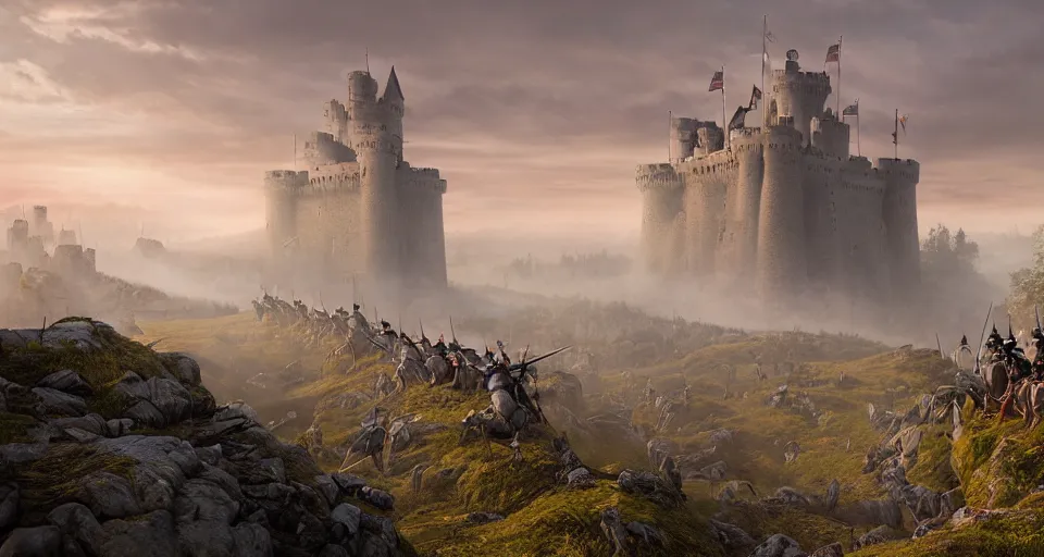 Image similar to ten medieval soldiers atop a castle wall looking over a vast medieval kingdom rule by an evil king. it is a quiet morning. mist, epic, cinematic, volumetric lighting, symmetry, fantasy style, highly - detailed, unreal 5, realism