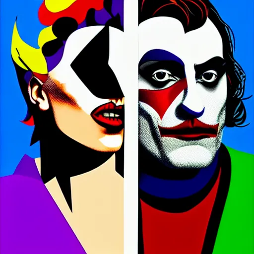 Image similar to richard hamilton and mimmo rottela as lady gaga harley queen and joaquin phoenix joker kissing, pop art, 2 color, left and right align separate, object details, dynamic composition, 4 k, ultra realistic art, smooth, sharp focus, full body portrait, illustration, concept art, intricate details, h 7 6 8