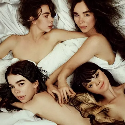 Image similar to stunning vogue magazine photo of dark - haired goddesses vanessa kirby, hailee steinfeld, and bjork smiling, legs intertwined, laying back on the bed, with wet faces!!, wet lips, perfect eyes, insanely detailed, elegant, by wlop, rutkowski, livia prima, mucha, wlop,