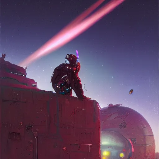 Image similar to a cyberpunk mursi elder sitting in a field watching a meteor shower with his hoverbike in the foreground by greg rutkowski and android jones in a cyberpunk style, oil on canvas, 8k, afrofuturism