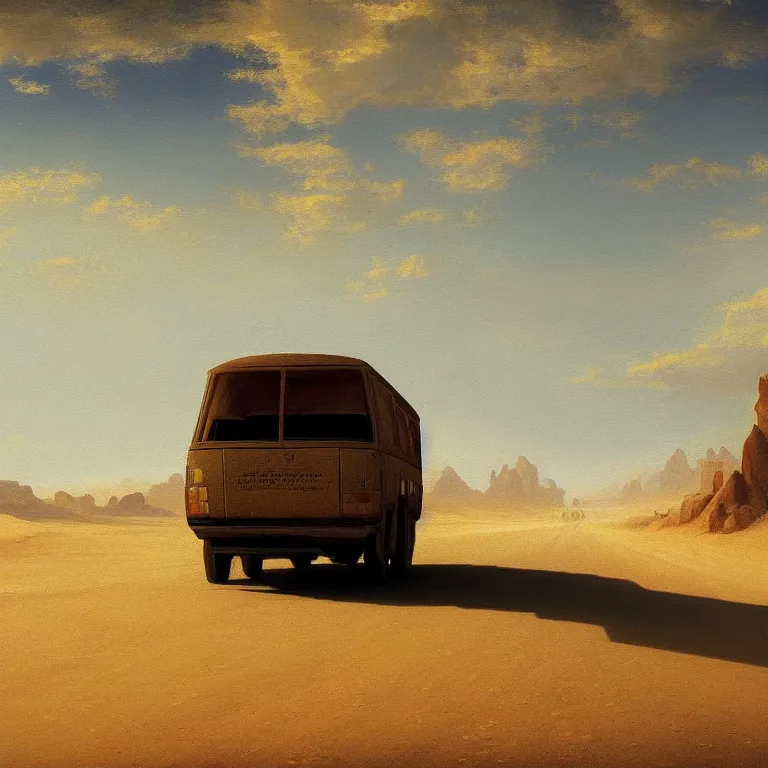 Prompt: a beautiful painting of a lone van driving into the distance on a deserted desert highway by carl gustav carus, highly detailed, concept art, cinematic lighting, high noon